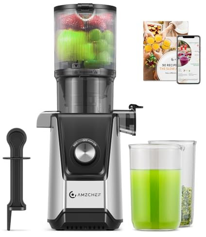 AMZCHEF 200W Extracteur de Jus Pression à Froid - Extracteur de Jus 108MM Grande Goutière pour Fruits et Légumes Entiers - Extracteur Jus Lent Anti-goutte, Fonction Inverse et Filtre Double Couche
