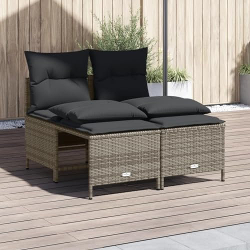 Faroom Gartensofa 2 Sitzer Rattan Lounge Sofa Outdoor mit Hocker Balkon Sofa Balkonmöbel Kleines Balkonsofa 2-Sitzer Gartenmöbel Set Rattansofa Balkon Lounge Grau