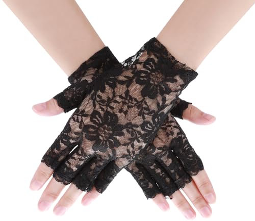 Lusofie 2 Pairs Fingerless Lace Gloves Women's Formal Bridal Elbow Length Evening Black Lace Gloves for Wedding Opera Tea Party