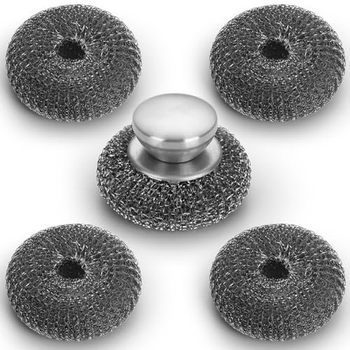 Kyraton Stainless Steel Scourers With Handle To Protect Your Hand Set Of 5, Big Metal Wire Wool 10 x 10cm Confortable To Hold And Durable And Strong