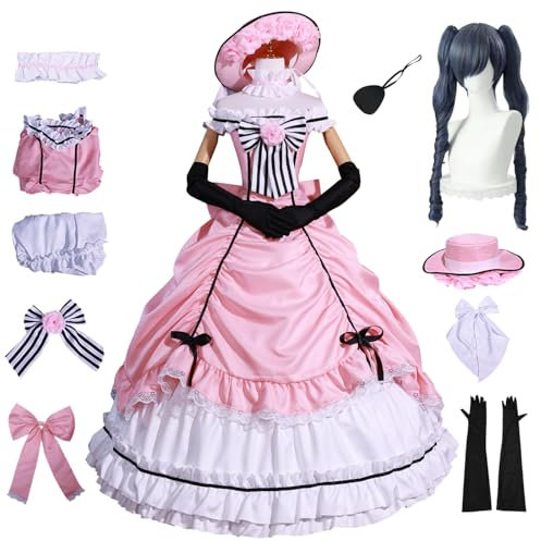 bi bi hou Lady Ciel Cosplay Kostüm Set mit Perücke und Hut Deluxe Rosa Lolita Kleid Anime Kuroshitsuji Verkleidung Ciel Phantomhive Uniform Weihnachten Halloween Karneval Party Kostüm