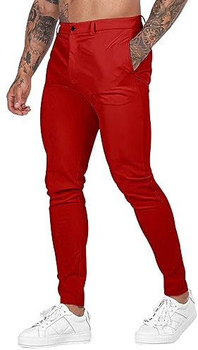 Mens Slim Fit Chino Trousers, Straight Fit Chinos for Men Casual Smart Trousers Straight Leg Business Work Office Flat-Front Chino Trousers Men Regular Fit Elasticated Waist Stretch Pants Red