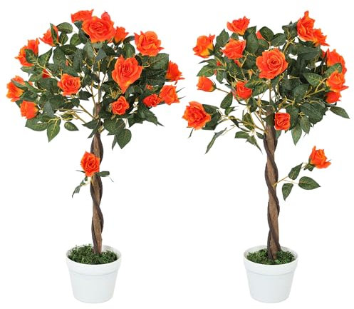 Outsunny Set of 2 90cm/3FT Artificial Rose Tree, Fake Decorative Plant with Pot, Indoor Faux Decoration Home Office Decor, Orange