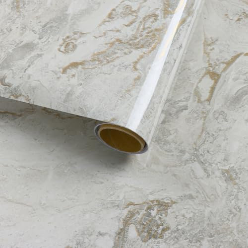 VaryFloral Glossy Marble Effect Wallpaper 30cmx300cm Self Adhesive Contact Paper Beige Peel and Stick Cream and Gold Wallpaper Waterproof Marble Vinyl Wrap Kitchen Worktop Covering for Room Furniture
