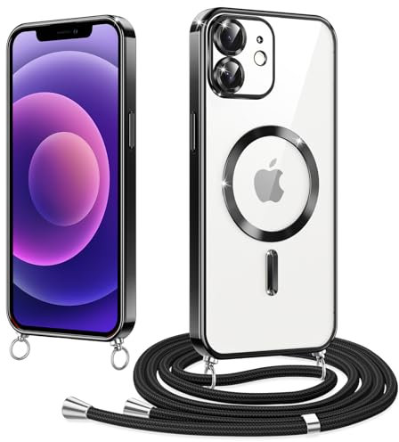 Woijrly Magnetische Handyband mit Band für iPhone 12 Hülle, [Kompatibel mit Magsafe] Handyhülle Case mit justierbarer Schnur Abnehmbar Strap, Crossbody Schutzhülle zum Umhängen Kordel, Schwarz