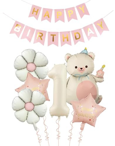 Tourima Geburtstagsdeko 1 Jahr Mädchen mit Happy Birthday Girlande, Folienballon 1 Geburtstag Mädchen, Ballon Deko 1.Geburtstag Mädchen, Luftballons 1 Jahr