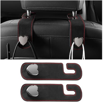 Norkmdi Car Seat Headrest Hook, 2PCS Suede Leather Cute Love Heart Type Vehicle Storage Hanger for Purse Bag, Auto Interior Seat Back Organizer Accessories, Universal for SUV Sedan Truck (Black)
