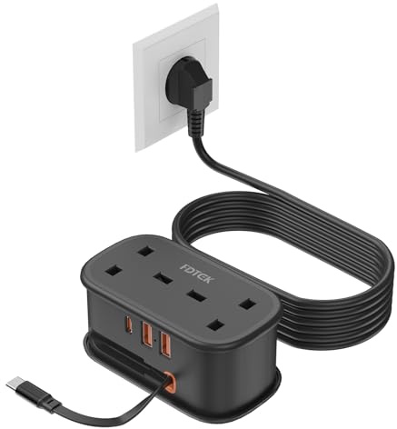 UK to European Plug Adapter with 1.5M Extension Cable，FDTEK 2 Way Travel Extension Lead with 3 USB Slots & Retractable USB C Cable, Type E/F Travel Adapter for Germany France Spain Greece etc