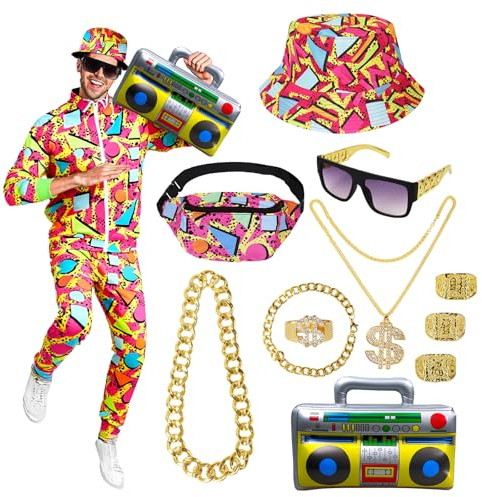 Malloom 80s 90s Outfit for Men Tracksuit Costume, Hip Hop Hat Fanny Pack Ring Bracelet Gold Chain Rapper Sportswear 80s Fancy Dress Costume for Adults Do Outfit Disco (Red and Yellow, Large)