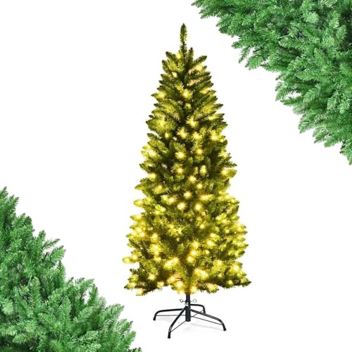 SFAREST 4.5FT/5FT/6FT6.5FT Slim Pre-lit Christmas Tree, Pencil Xmas Tree with Warm White LED Lights, Realistic Fir & Solid Metal Stand, Holiday Christmas Decorations for Home Business Shops (5FT)