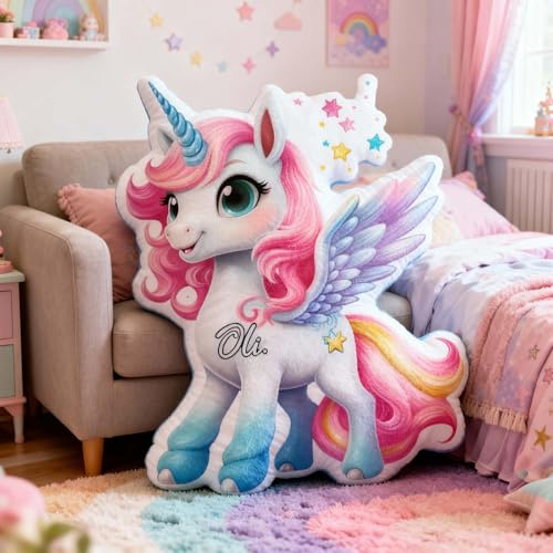 Drawelry Personalisierte Einhorn Kissen mit Namen Zierkissen 3D-Cartoon Unicorn Form Plüsch Einhornkissen Weihnachts Deko Kopfkissen Geburtstag Geschenk für Kinder Mädchen Tochter Enkelin (E10)