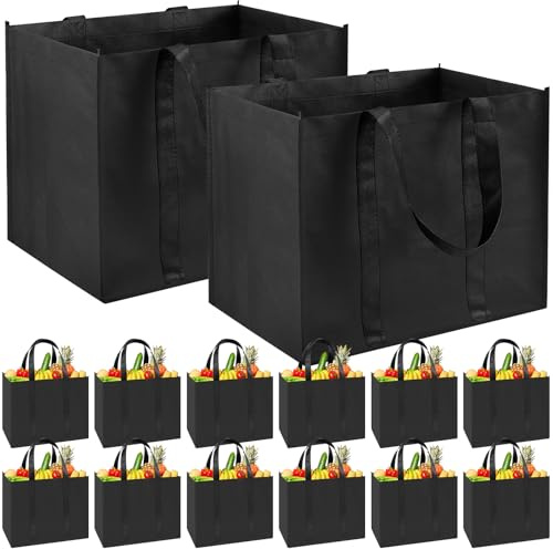 Cptoion 12 Stück Einkaufstasche, Einkaufskorb, Schwarz, 41 x 33 x 26 cm | Große Einkaufskorb mit Griffen, Wiederverwendbar Faltbar Einkaufstasche für Einkaufen, Picknick, Camping
