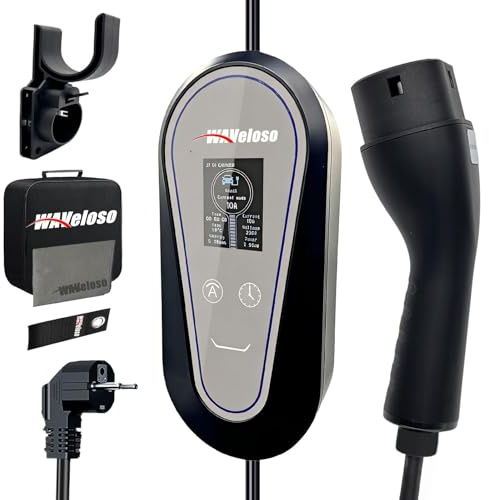Waveloso Chargeur Voiture Électrique Type 2 8M pour EV & PHEV (IEC 62196-2) | 8A-13A, IP65, 3 KW, Écran LCD, Charge Retardée (1-12H), Cable Recharge Voiture Electrique avec Sac, Support Mural