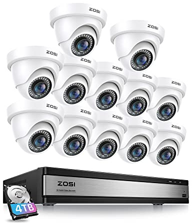 ZOSI 16CH 1080P Überwachungskamera Set 4TB HDD DVR 12 Überwachungskameras | für Außen/Innen mit BNC Kabel, KI-Erkennung Person/Fahrzeug, sofortige Warnung, Aufnahme rund um die Uhr