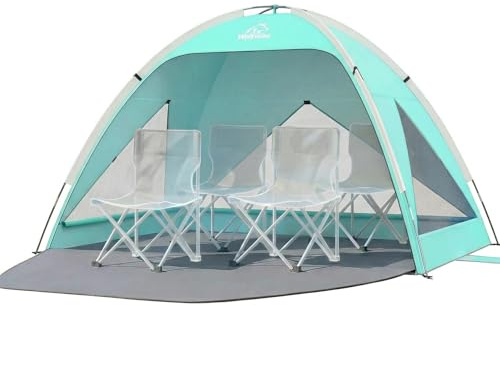 Wolfwise große Strandmuschel UV Schutz für 3-4 Personen, Strandzelt großzügig mit Sonnenschutz UPF 50+, Strand Zelt tragbar mit Windschutz & erweiterbarem Boden für Reisen 240x165x140cm, Mintgrün
