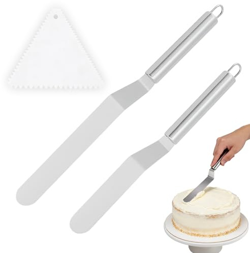 Set of 2 Angled Spatulas, Stainless Steel Cake Spatula for Smoothing, Angle Palette Set Cake Spatula with Triangle Scraper for Baking, Making Cakes Yourself, Cake Decoration