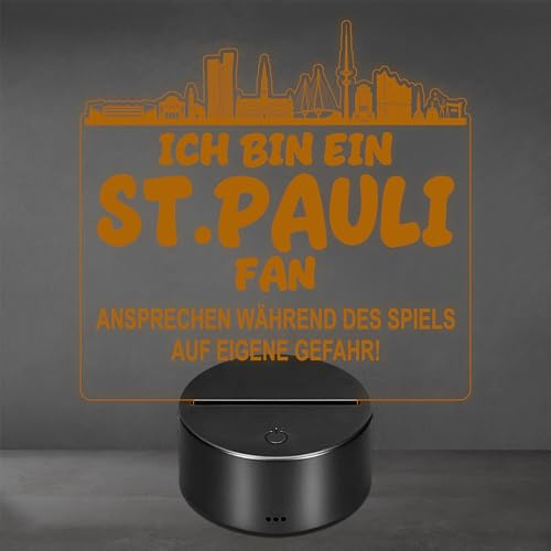 Lieblingsmensch St. Pauli Fan Fußball LED Nachtlicht – 3D Skyline Design „Ansprechen auf eigene Gefahr“ – RGB Farbwechsel mit Fernbedienung & Touch – Stimmungslicht für die Man Cave – 19x23cm