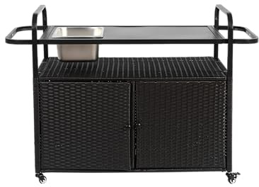 Arhatreya Outdoor-Bar-Tisch – Rattan-Barwagen mit Schrank, Stahlplatte, Eiswürfelbehälter, Abschließbare Rollen & Seitenkorb – Für Garten, Pool & Terrasse, Schwarz