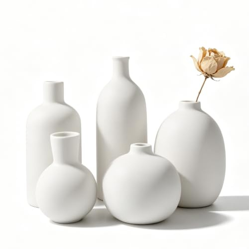 QUTHZZHY Keramikvase Set, 5 Weiße Keramik Vase, Vasen zum Bemalen | Porzellan zum Blumenvasen für Moderne Wohnkultur, für DIY, Wohnzimmer, Regaldekor, Esstisch Bücherregal Kaminsims