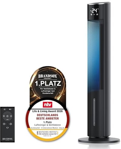 Brandson - Turmventilator mit Wasserkühlung ECO GREEN - sehr leise - Wifi Smart Home/Alexa Sprachsteuerung - Sieger Ventilatoren und Luftkühler 2026 – Klimaanlage mobil - Standventilator – Oszillation