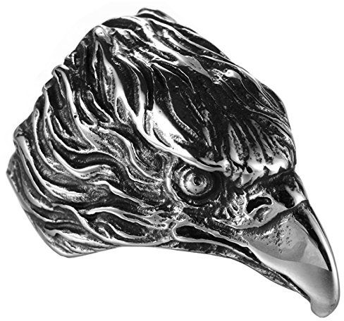 PAURO Herren Edelstahl Hawk Eagle Tierkopf Biker Ring, Silber Schwarz Größe 57