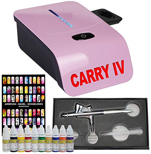 AirBrush MINI KOMPRESSORREN SET CARRY mit NAIL Farben Set UNIVERSAL AIRBRUSHPISTOLE DOUBLE / SINGLE ACTION mit 0,2/0,3/0,5mm Düsen, Fließbecher+Glas (Profi-AirBrush Set Carry IV Pink)