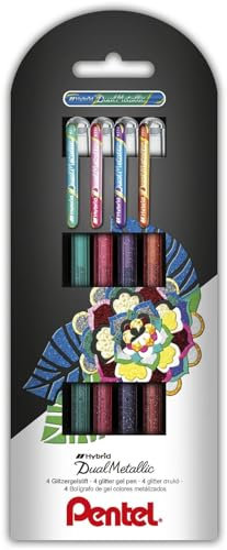 Pentel K110-4COL Dual Metallic Hybrid Gelroller, verschiedene farb-Effekte auf Hellem/Dunklem Papier, 4er Set sortiert