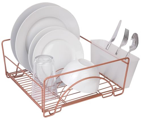 Smart Design Expandable Dish Drainer Drying Rack w/ Cutlery Cup - Steel Metal Wire - Fits in Standard Sinks - Dishes, Cups, Silverware Organization - Kitchen (13.5 x 20.63 Inch) [Rose Gold]