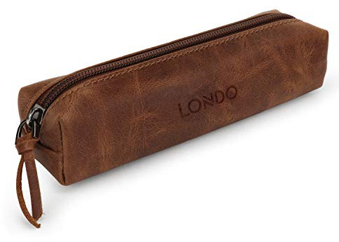 Londo Feder-, Bleistift- und Kosmetiketui aus echtem Leder mit Reißverschluss – Tasche für Schreibwaren - Braun