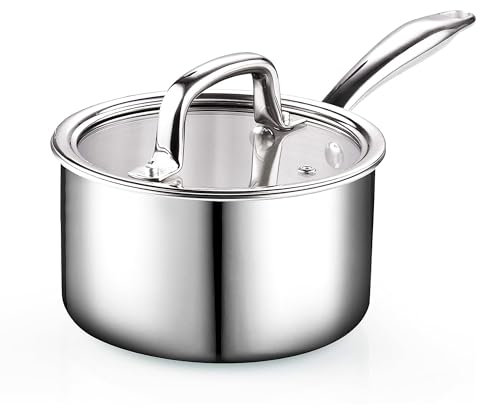 Cook N Home Stainless Steel Saucepan 1.5 Quart, Tri-Ply Full Clad Sauce Pan with Glass Lid, Silver