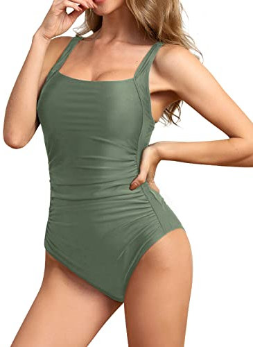 Brosloth Damen Badeanzug Tummy Control Monokinis Bauchweg Einteilige Bademode Swimwear Push Up Badeanzüge Plus Size Badebekleidung Farbe: Olive Groesse: L