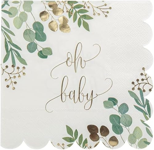16 Servietten Babyparty OH BABY Botanical Eukalyptus Blätter-Kranz Tisch-Deko für Baby-Party Baby-Shower Taufe Geburt Junge & Mädchen unisex Farben weiß grün & gold