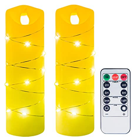 CANDLE IDEA 2 batteriebetriebene flackernde LED-Kerzen aus echtem Wachs mit eingebetteter Lichterkette, Fernbedienung mit 11 Tasten, 2/4/6/8-Stunden-Timer-Funktion (5,6 x 17,8 cm)