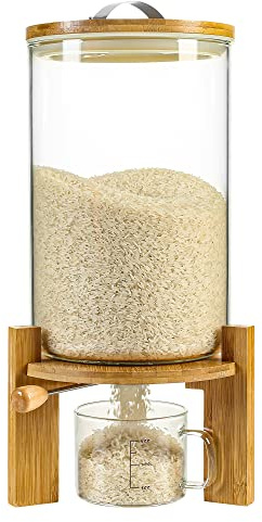 Vuinop Rice Dispenser, Rice Storage Container：Flour and Cereal Container with Airtight Lid and Wooden Stand, Glass Food Storge Container for Kitchen Organization and Pantry Store (8L)