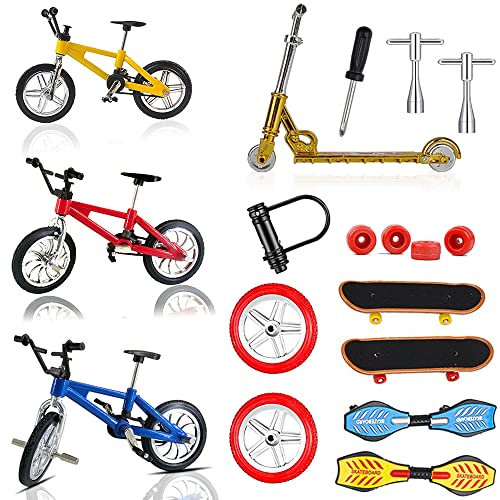 Morofme 18-teiliges Mini-Fingerspielzeug-Set, Finger-Skateboards, Fingerfahrräder, Fahrrad, Fingerscooter, winziges Schaukelbrett, Fingerspitze, Ersatzräder, Werkzeuge
