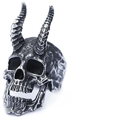 BlackAmazement 316L Edelstahl Ring gehörnter Totenkopf Skull Totenkopfring Hörner silber schwarz Biker Herren (68 (21,6))