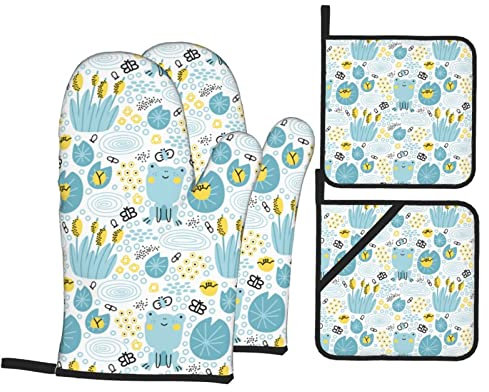 Rana Ninfee Zanzare e Reed Rane Fiori rosa Guanti da forno e presine Set di 4 pezzi Accessori da cucina resistenti al calore impermeabili Guanti da forno e presine Presine per cucine Cottura B