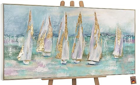 YS Tableau peinte à la main Voiliers Art abstrait modern paysage marin voiliers tons turquoise et or Surface texturée Déco murale salon avec cadre 120x60 cm