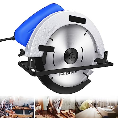 Electric Circular Saws Wood Saw, Bevel Angle(45° to 90°), 1500W Pure Copper Motor Circular Saw with 185mm Saw Blade for Wood Plastic Metal Cutting, Safety Locking Button