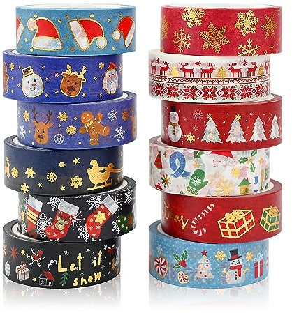 Washi Tape Set 12 Rolls Weihnachten Schwarz Washi Masking Tape Dekorative Klebeband für Scrapbooking DIY Handwerk Bastler verschönert Journals Planer Karten Geschenkverpackung Bänder Hochzeit (Rot)