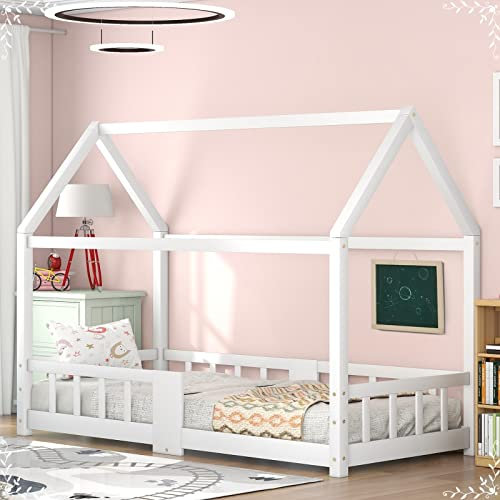 AMDXD Home Kinderbett Hausbett 90 x 200 cm, Einzelbett Holzbett für Kinderzimmer, inkl. Tafel, Lattenrosten, Rausfallschutz, Massivholzbett aus Kiefernholz, Weiß (ohne Matratze)