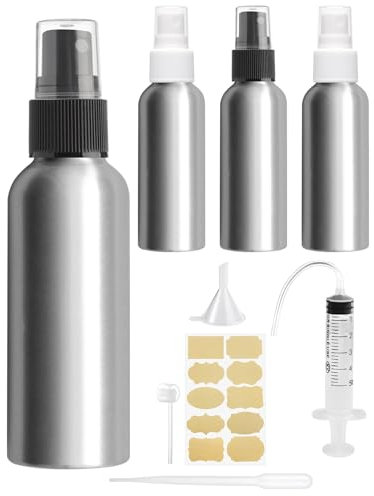 Bohoray 4 Piezas 100ml Bote Spray Pulverizador Pequeño,Aluminio Botella Spray,Pulverizador Colonia,Spray Agua Pulverizador Con Etiqueta, Embudo, Jeringa Para Aceite Esencial,Aromaterapia,Perfume,Viaje