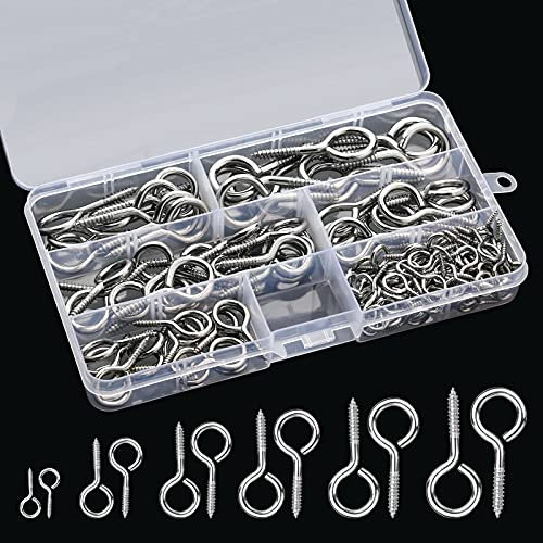 LUCKNIGHT 140 Pièces Vis Mouton Oeil Rond, Piton à Visser, Boulon à œil Crochet, 6 Tailles, pour La Fixation et La Suspension, Vis à Œil en Acier Inoxydable, Pas Faciles à Corroder (Argenté)