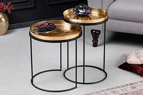 LEBENSwohnART Modernes 2er Set Beistelltisch Martello schwarz Gold abnehmbare Tabletts Hammerschlag Handarbeit