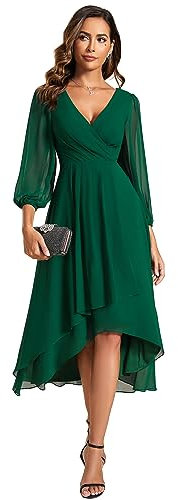 Ever-Pretty Women's V Neck 3/4 Sleeves Pleated A-Line Women's Dresses for Wedding Guest Dark Green 18UK