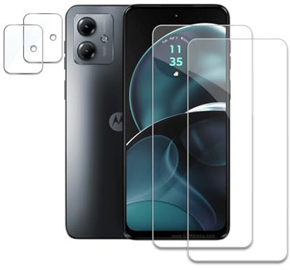 AKLPP 2 Pièces Verre Trempé pour Motorola Moto G14 avec 2 Pièces Protection d'Objectif de Caméra, Film en Protection Écran, Sans Bulles, Anti -Rayures, Dureté 9H Film Protecteur Vitre