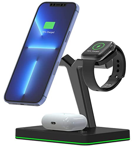 Apple 3 in 1 Wireless Charger Compatible with Mag-Safe, Magnetic Charging Stand for iPhone 14,15, 13, 12, Mini, Plus, Pro Max, Apple Watch Series Ultra 8 7 6 5 4 3 2 SE and AirPods Pro 2, 3 (Black)