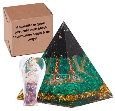 ZAARIYA Malachit-Orgon-Pyramide mit schwarzen Turmalin-Chips und einem Engel für Chakra-Energieheilung, Yoga, Meditation, Raumdekoration, Neujahr & Glücksgeschenk
