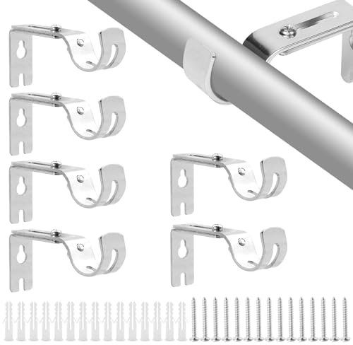 6 Pack Adjustable Silver Curtain Rod Brackets, Heavy Duty Poles Holders for 25mm Rod, Curtain Pole Bracket with Screw for Poles, Walls, Doors, Shower Rods