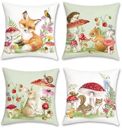 Bonhause 4er Set Kissenbezüge Waldtier 45 x 45 cm Fuchs Kaninchen Eichhörnchen Pilz Dekorative Kissenhülle Zierkissenbezüge für Sofa Garten Kinderzimmer Dekoration